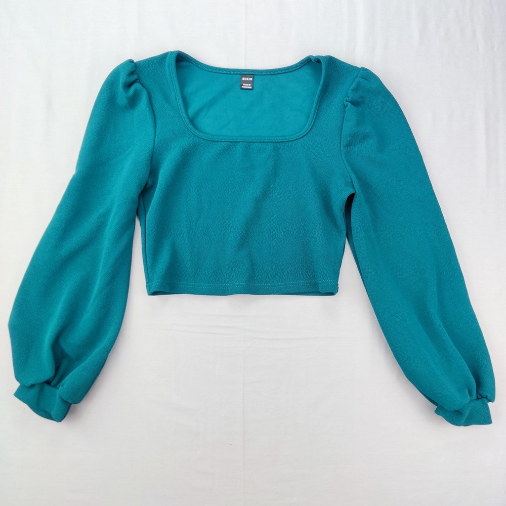 SHEIN Crop Top Womens Petite‎ M Teal Square Neck Puff Shoulder Lantern Sleeve